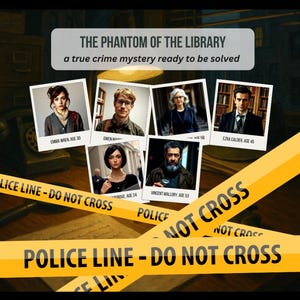 Può includere: Un nastro della polizia giallo e nero con il testo "POLICE LINE - DO NOT CROSS" in nero. Il nastro è su una superficie di legno marrone con un telefono rotatorio vintage e diverse foto Polaroid di persone. Le foto hanno del testo sotto con nomi ed età.