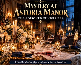 Pode incluir: Um jogo de mistério e assassinato imprimível intitulado Mystery at Astoria Manor: The Poisoned Fundraiser. A imagem mostra uma mesa de jantar formal com centros de mesa florais brancos, velas acesas, taças de vinho e guardanapos azul-escuros.