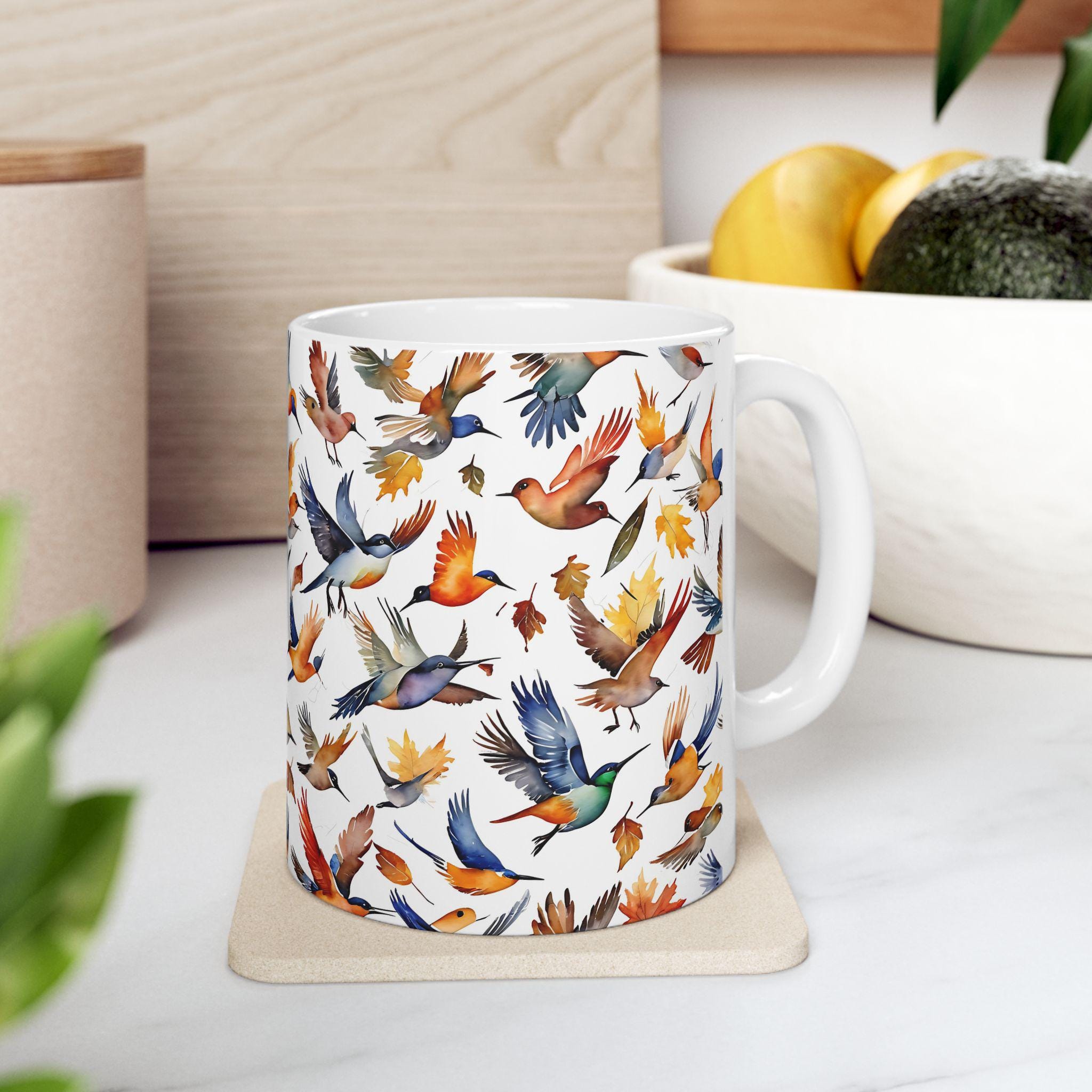 陶器製カップ 鳥と葉のデザイン 水彩鳥の陶器マグカップ、秋の葉、秋の装飾 - Etsy 日本