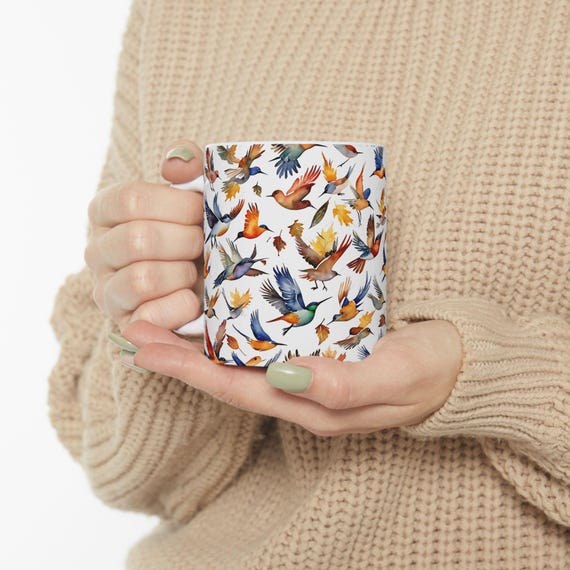 水彩鳥の陶器マグカップ、秋の葉、秋の装飾 - Etsy 日本