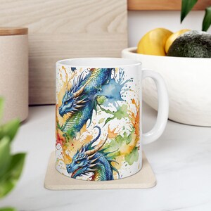 Watercolor Dragon Ceramic Mug, Fantasy Coffee Cup, Tea Mug, Magical Creature Drinkware, Mythical Dragon Lover Gift, Unique Kitchen Decor