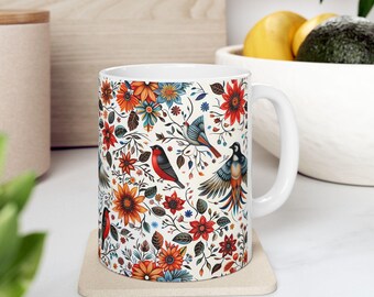 Floral Bird Ceramic Mug – Bohemian Coffee Cup, Nature Lover Gift