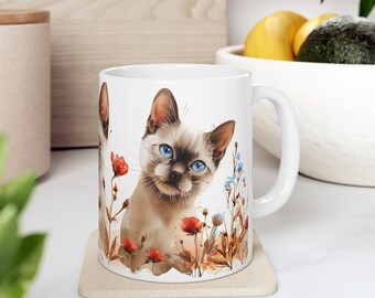 Taza de cerámica con diseño de gato siamés en acuarela, ideal como regalo para amantes de los gatos (325 ml y 430 ml)