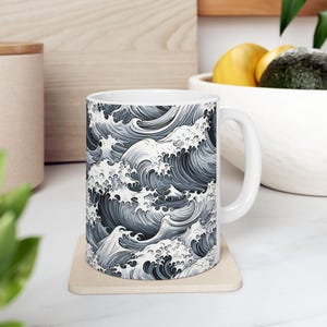 Ocean Waves Ceramic Mug, Coastal Coffee Cup, Sea Lover Tea Mug, Beach House Kitchen Decor, Nautical Drinkware, Unique Gift for Surfer, Under