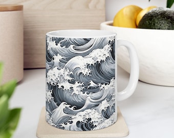 Ocean Waves Ceramic Coffee Mug, Coastal Decor