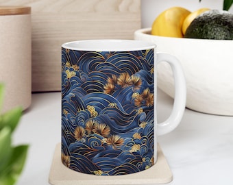 Japanese Wave Ceramic Mug, Blue and Gold Coffee Cup