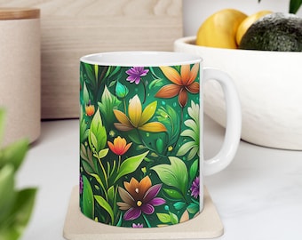 Watercolor Leaves Ceramic Mug, Green Tones Coffee Cup