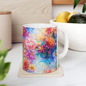 Floral Ceramic Mug, Colorful Flowers Coffee Cup, Botanical Tea Mug, Garden Pattern Drinkware, Mother&#39;s Day Gift, Home Office Decor