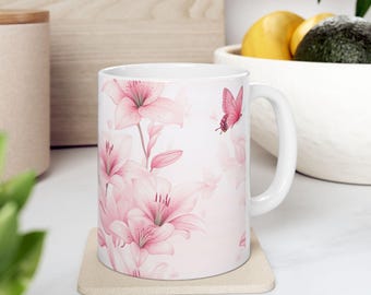 Butterfly Floral Ceramic Mug, Pink Lily, Nature Lover Gift
