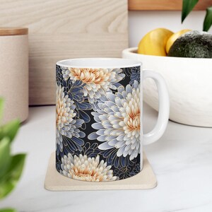 Chrysanthemums Airbru Ceramic Mug, Floral Coffee Cup, Flower Tea Mug, Botanical Design Drinkware, Nature Lover Gift, Plant Lover Present