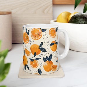 Hand Drawn Oranges Ceramic Mug, (11oz, 15oz) - Fruit Lover Coffee Cup, Citrus Kitchen Decor, Orange Fruit Art Drinkware, Gift for Foodie,
