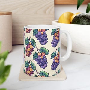 Grape Ceramic Mug, Fruit Coffee Cup, Kitchen Decor, Botanical Tea Mug, Vineyard Drinkware, Gardening Gift, Purple Grape Design, Unique