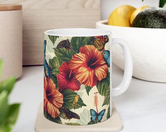 Hibiscus Butterfly Ceramic Mug, Tropical Paradise Coffee Cup