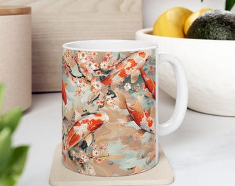 Koi Karpfen Keramikbecher, japanische Blumen Teetasse