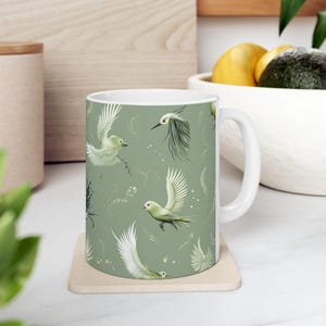 Birds Ceramic Mug, Vintage Green Coffee Cup, Tea Mug, Bird Lover Gift, Nature Lover Mug, Birdwatcher Gift, Garden Lover Cup
