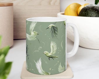Vintage grüne Vögel Keramikbecher, Naturliebhaber Geschenk