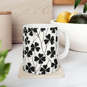 Lucky Charm Ceramic Mug, Irish Clover Tea Cup, St Patrick&#39;s Day Coffee Mug, Good Luck Kitchen Decor, Shamrock Gift for Her, Black and White