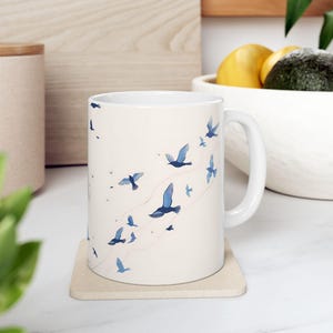 Birds Flying Ceramic Mug, Blue Birds Cream Minimalist Coffee Cup, Nature Lover Gift, Tea Mug, Kitchen Decor, Birthday Gift, Holiday Mug