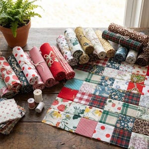 Könnte beinhalten: Gerollte Stoffbündel mit verschiedenen Mustern, darunter Erdbeeren, Tupfen und Karos, zusammen mit einem Patchwork-Quilt. Die Stoffe sind auf einer Holzoberfläche angeordnet, mit Garnrollen und einem Topffarn im Hintergrund.