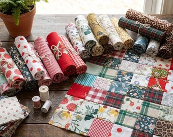 May include: A collection of rolled fabric bundles with various patterns, including strawberries, polka dots, and plaid, alongside a patchwork quilt. The fabrics are arranged on a wooden surface with spools of thread and a potted fern in the background.
