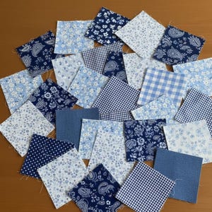 Può includere: Una collezione di piccoli quadrati di tessuto in varie tonalità di blu e bianco. I motivi includono floreali, paisley, quadretti e denim tinta unita. Questi pezzi di tessuto sono probabilmente per il quilting o altri progetti artigianali.