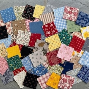 May include: A collection of numerous square fabric patches featuring a wide variety of patterns including floral prints, gingham checks, stripes, polka dots, and paisley designs in a diverse colour palette of red, blue, yellow, green, and pink.
