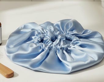 Luksusowa, dwustronna satynowa czepek do pielęgnacji włosów przed puszeniem się – jasnoniebieski – męska, damska, dziecięca – bezpłatna gumka do włosów