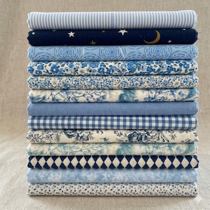 Blue Floral Cotton Fabric Squares, Patchwork Sewing Scraps (12-Pack, 10" Squares)