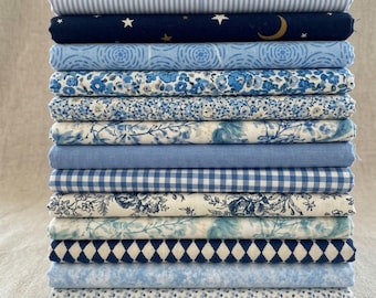 Blue Floral Cotton Fabric Squares, Patchwork Sewing Scraps (12-Pack, 10" Squares)