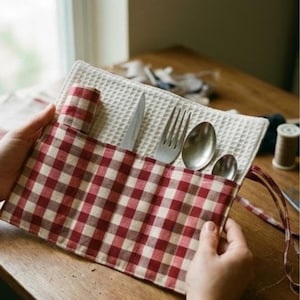 Röd gingham bestickrulle och servettset: Miljövänlig picknick- eller lunchväska för kontoret