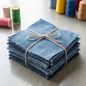 Może przedstawiać: Stos kwadratowych, jasnoniebieskich kawałków tkaniny dżinsowej związanych sznurkiem. Krawędzie tkaniny są postrzępione. Szpule nici w różnych kolorach, w tym różowym, zielonym, żółtym i niebieskim, znajdują się w tle.