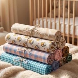 Könnte beinhalten: Ein Stapel gerollter Babydecken in verschiedenen Mustern und Farben, darunter Blumenmuster, Karomuster und Vichy-Muster. Jede Decke ist mit Bindfaden gebunden. Die Decken liegen auf einer weichen, strukturierten Oberfläche, mit einem Holzbettchen im Hintergrund.