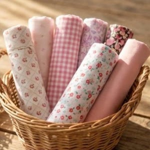 Può includere: Un cesto di vimini pieno di rotoli di tessuto. I rotoli di tessuto presentano vari motivi, tra cui floreali, a quadretti e rosa tinta unita. La palette di colori è tenue, con sfumature di rosa, bianco e rosso. Il cesto è in vimini marrone chiaro.