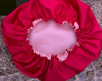 Luxurious Handmade Pink & red Charmeuse Satin Bonnet Reversible, Reversible Satin Bonnet for Women, handmade, gift for her, Double Layer