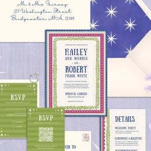 Colorful Wedding Invitation Suite with Hand Drawn Illustrations, Garden Party Theme, Customizable Canva Template
