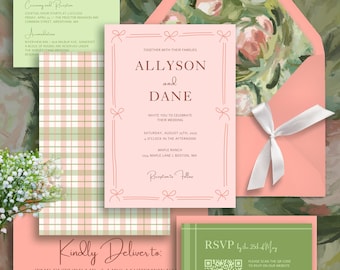 Summer Rose Wedding Invitation Suite with Hand drawn illustrations, Garden Party Theme, Customizable Canva Template