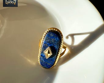 Adjustable Gold-Plated Lapis Lazuli Ring: Boho Gemstone Jewelry