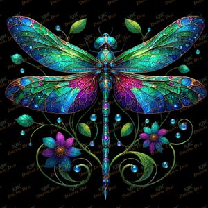 May include: A vibrant digital illustration of a dragonfly with intricate details. The dragonfly features a mosaic-like design in shades of teal, green, purple, and blue, with gold accents. The image includes stylized flowers, leaves, and water droplets against a black background.