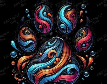 May include: A colorful paw print design with swirls of blue, orange, and pink on a black background.