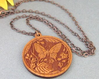 Wood Butterfly Pendant Necklace With Copper Chain, Laser Cut Leaves And Flower Pendant, Springtime Pendant, Gift For Jewelry Lover