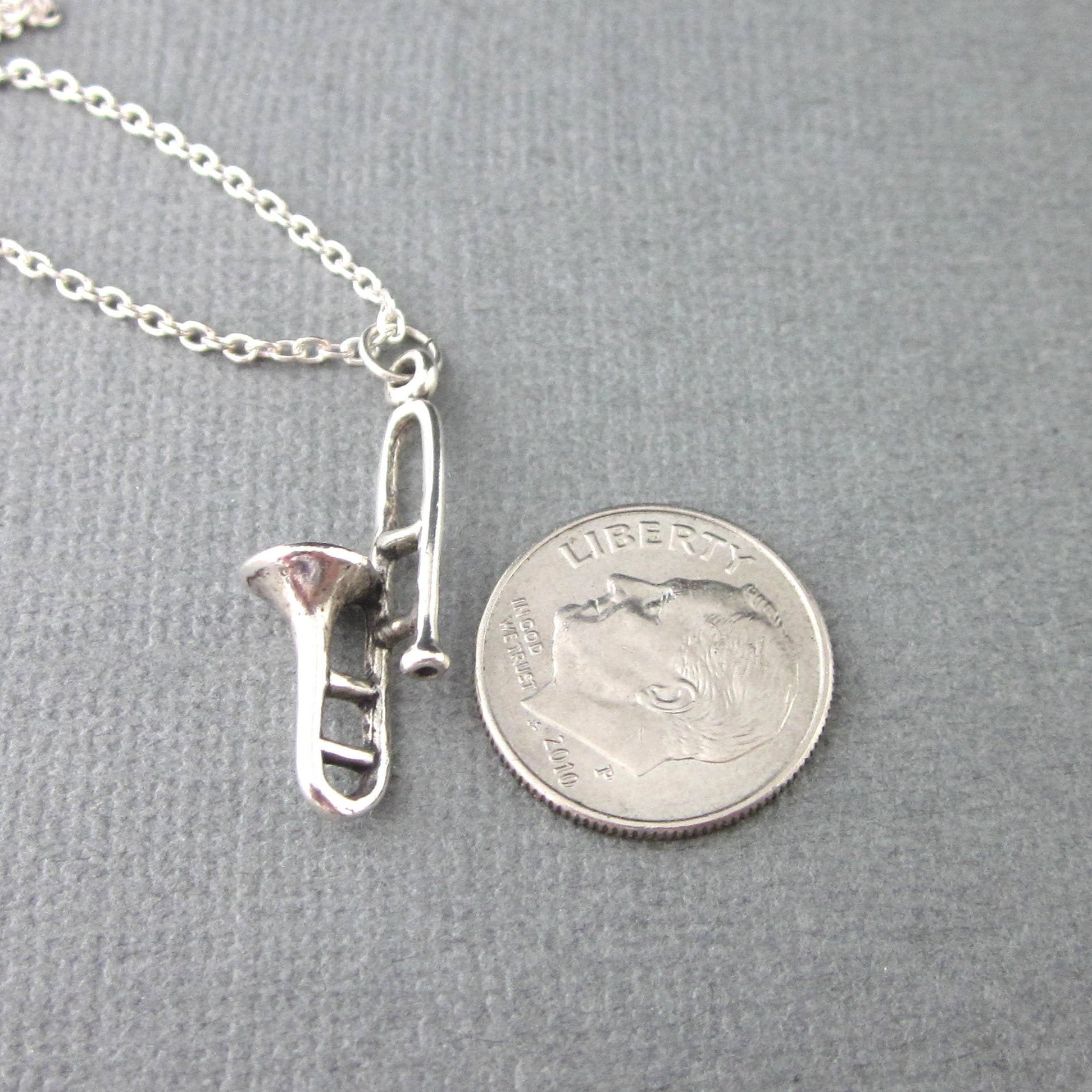 Sterling Silver Trombone Necklace,.925, Dimensional Trombone Charm and