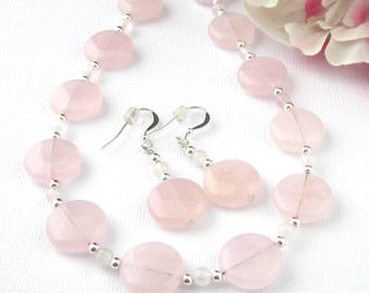 Rose Quartz And Sterling Silver Necklace Set: Round Coin Shaped Stones