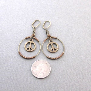 Peace Sign Earrings, Antiqued Brass, Dangling Peace Sign Charm Earrings, Wire Wrapped Hoop Earrings, Hippie Boho, Peace Sign Jewelry image 2