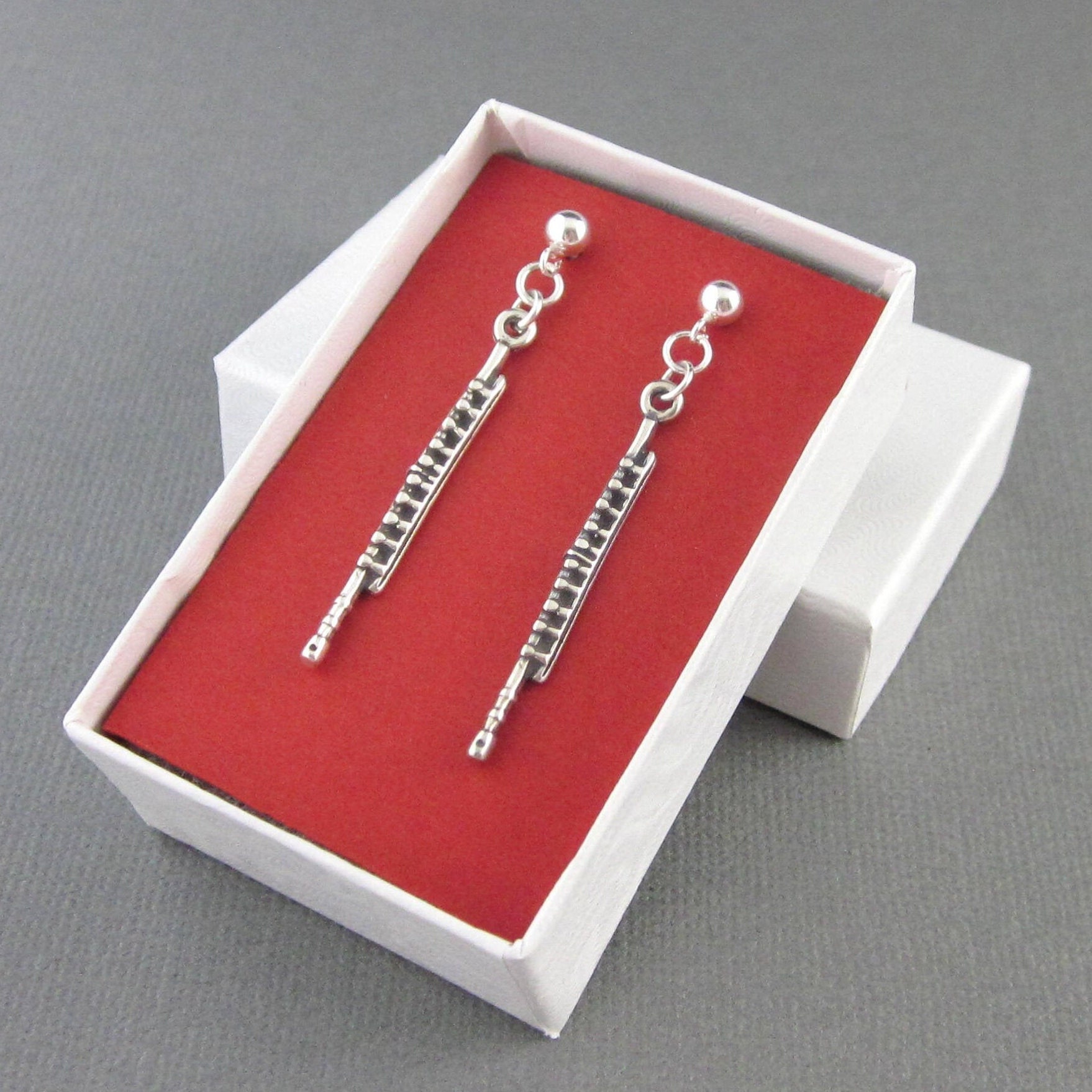 Sterling Silver Flute Earrings, Post and Clutch, Long Dangling Flute