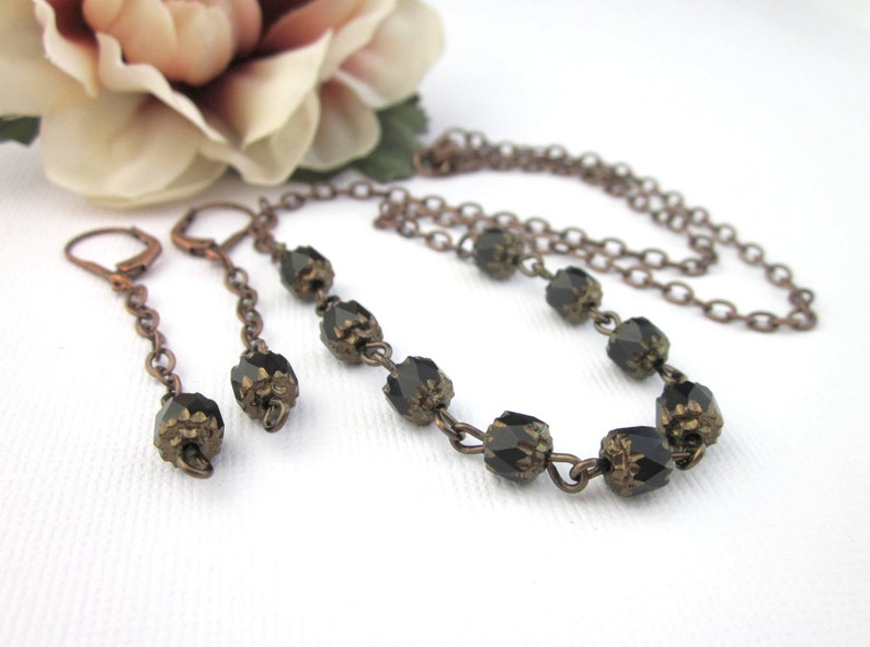 Black Crystal Cathedral Beaded Necklace And Earrings Copper image 0