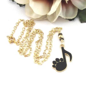 Black and Gold Both Paw Print Necklace, Music 8th Note Pendant Necklace, Music Lover Jewelry, Animal Lover Jewelry, Music Student Gift