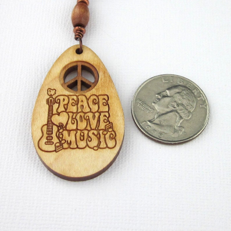 Wood Peace Sign Music Pendant Necklace With Guitar And Leather Cord, Engraved Wooden Pendants, Music Jewelry Gifts, Unisex Pendants image 2