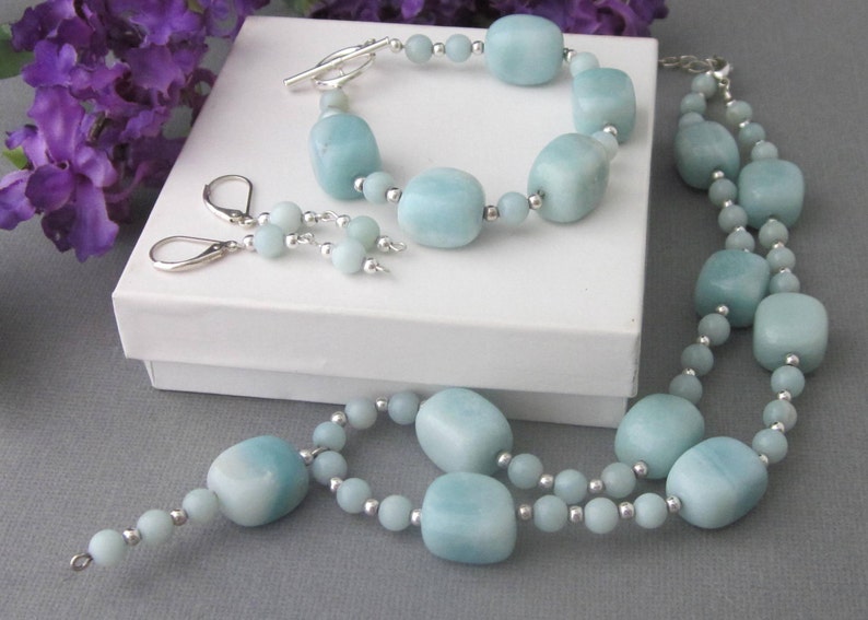 Chunky Amazonite Necklace Amazonite Statement Necklace Set Three piece set