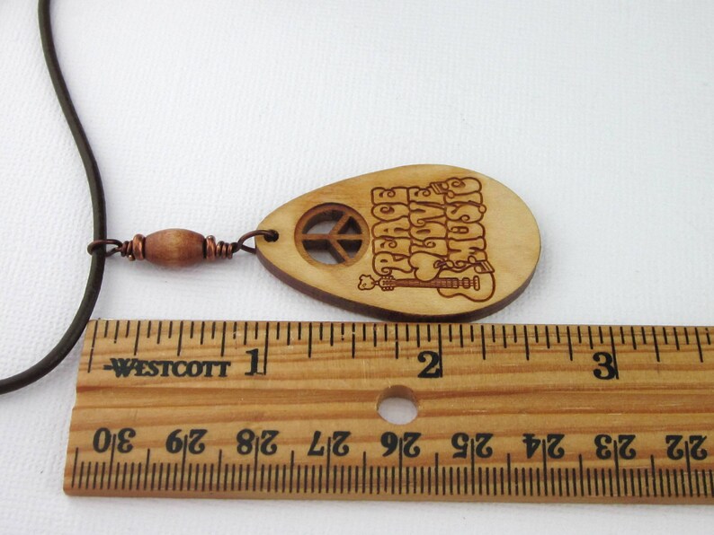 Wood Peace Sign Music Pendant Necklace With Guitar And Leather Cord, Engraved Wooden Pendants, Music Jewelry Gifts, Unisex Pendants image 3