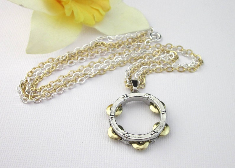 Tambourine Pendant Necklace Two Chains Both Silver and Gold Etsy